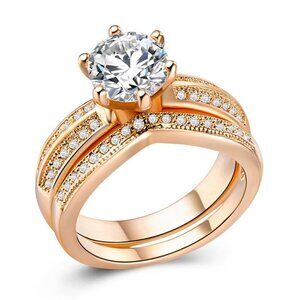 14K Rose Gold Plated Round Brillant Cut CZ Wedding Couple Ring, MLNN1020